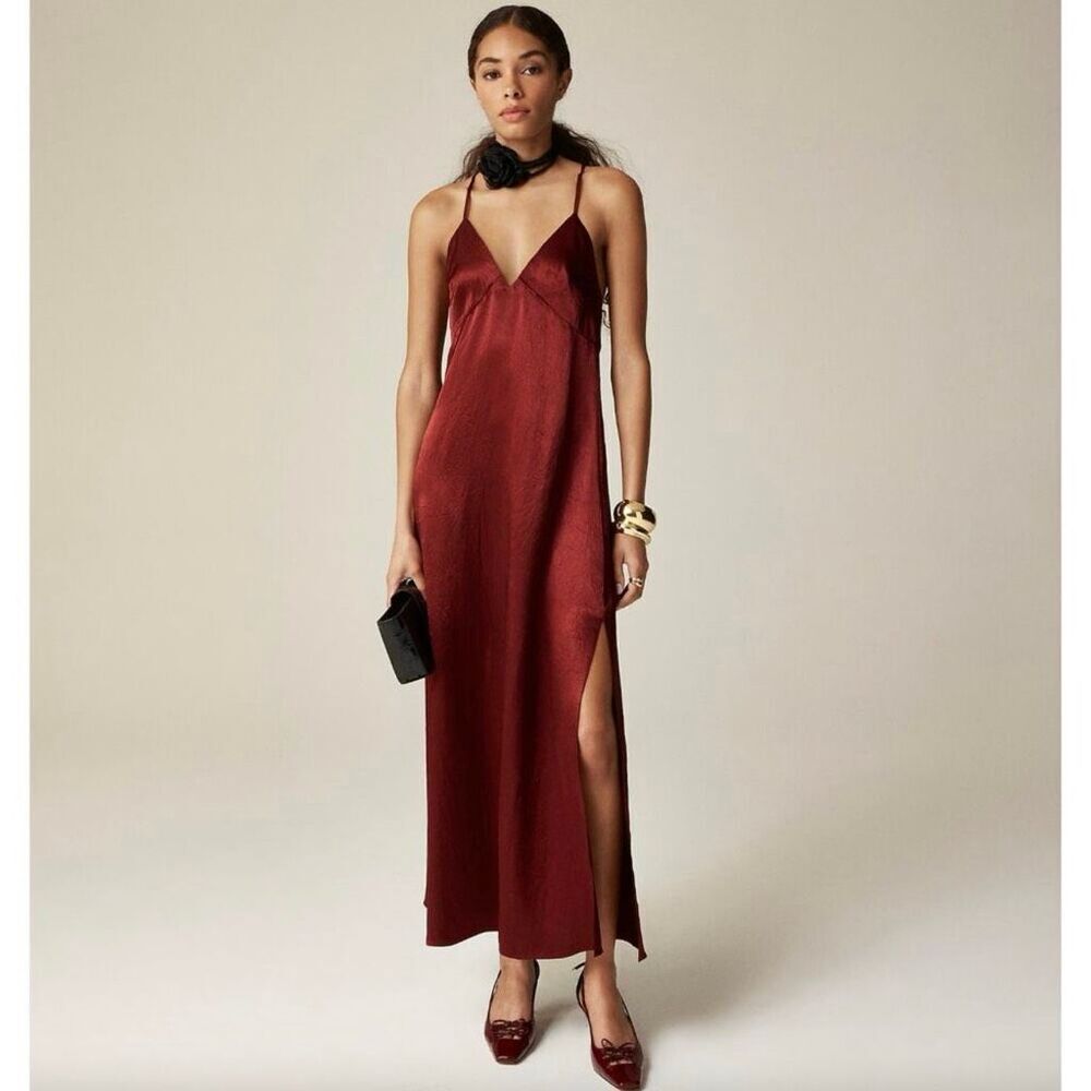 J. Crew Cross-back dress in textured satin Burgundy Red Size 4 NWT CG295